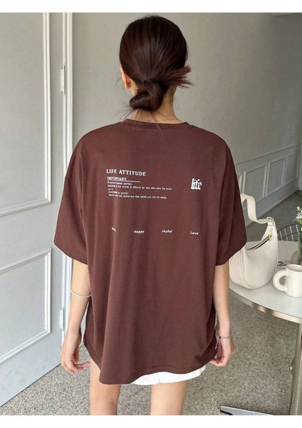 Blacksokak Kadın Kahverengi Life Baskılı Oversize Bisiklet Yaka Tişört modelleri