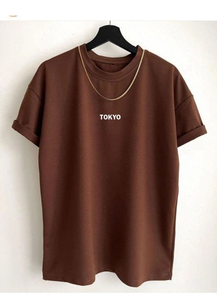 Erkek Kıahverengi Tokyo Baskılı Oversize Bisiklet Yaka Tshirt