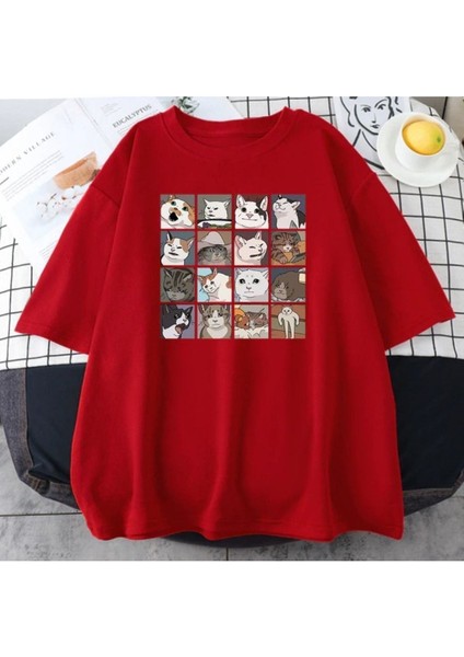 Blacksokak Erkek Kırmızı Cat Baskılı Oversize Bisiklet Yaka Tshirt