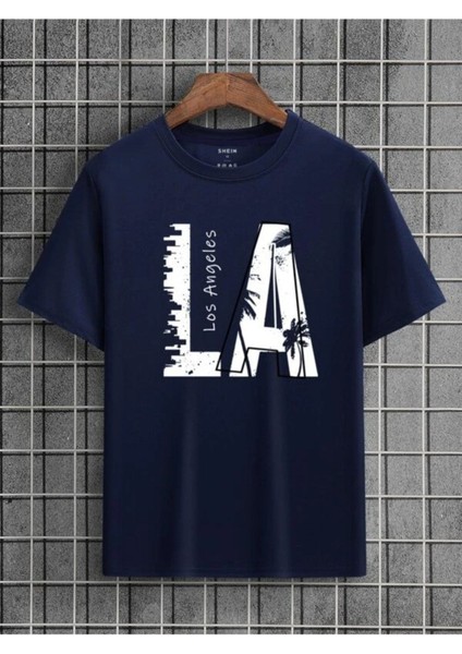 Blacksokak Erkek Lacivert La Baskılı Oversize Bisiklet Yaka Tshirt