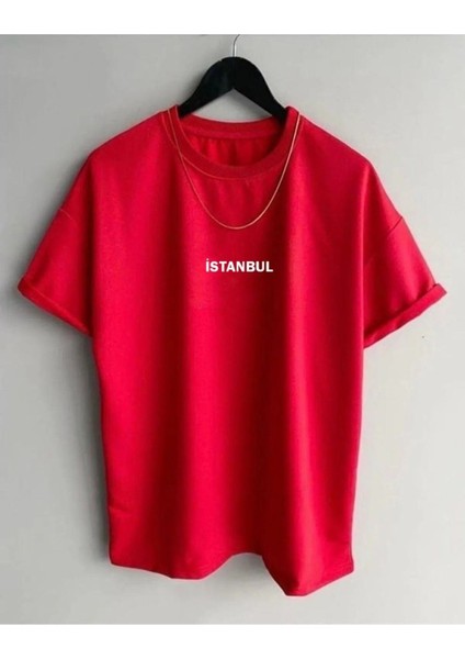 Erkek Kırmızı Istanbul Baskılı Oversize Bisiklet Yaka Tshirt