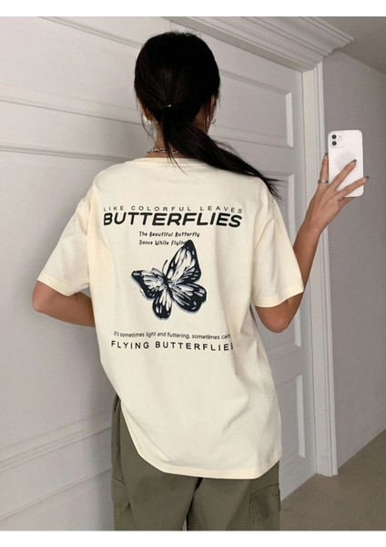 Blacksokak Kadın Krem Butterflies Baskılı Oversize Bisiklet Yaka Tshirt