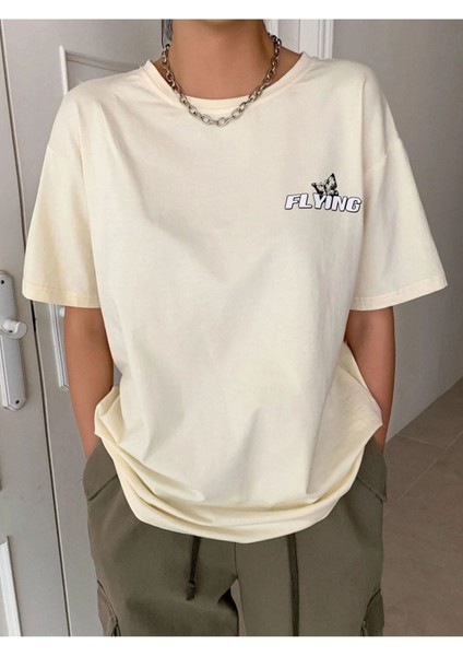 Blacksokak Kadın Krem Butterflies Baskılı Oversize Bisiklet Yaka Tshirt modelleri