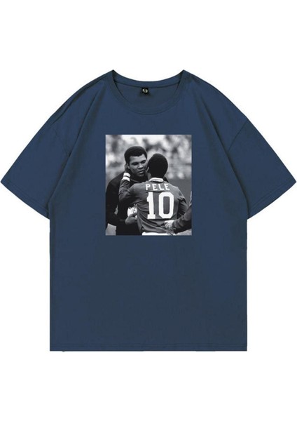 Erkek Lacivert Pele Baskılı Oversize Bisiklet Yaka Tshirt