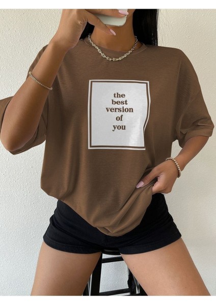Blacksokak Kadın Kahverengi The Best Baskılı Oversize Bisiklet Yaka Tshirt