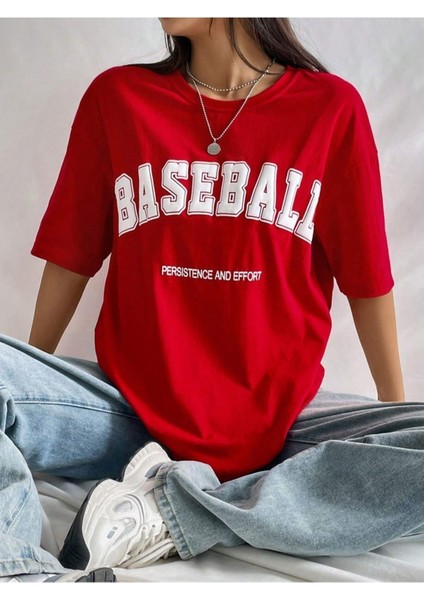 Blacksokak Kadın Kırmızı Baseball Baskılı Oversize Bisiklet Yaka Tişört