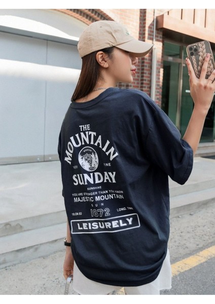 Radjeanss Kadın Lacivert Mountaın Baskılı Bisiklet Yaka Tshirt