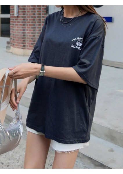 Radjeanss Kadın Lacivert Mountaın Baskılı Bisiklet Yaka Tshirt fiyatları