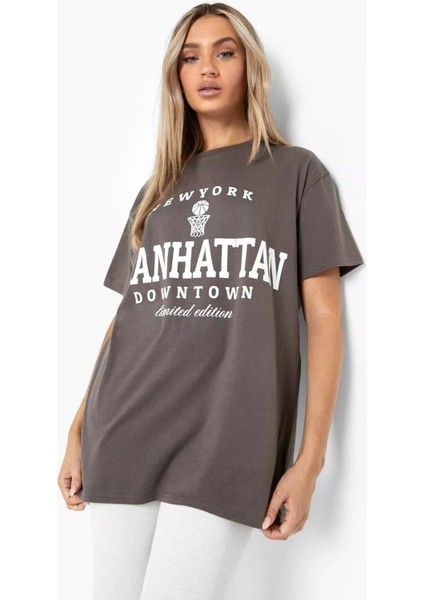Blacksokak Kadın Koyu Gri Manhattan Baskılı Oversize Bisiklet Yaka T-Shirt