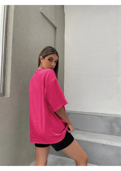 Blacksokak Kadın Pembe Save Our Seas Baskılı Oversize Bisiklet Yaka Tshirt