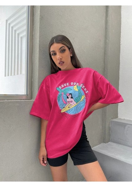Blacksokak Kadın Pembe Save Our Seas Baskılı Oversize Bisiklet Yaka Tshirt