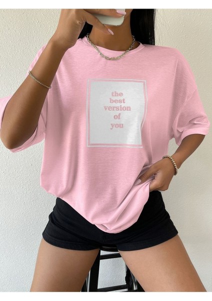 Blacksokak Kadın Pembe The Best Baskılı Oversize Bisiklet Yaka Tshirt
