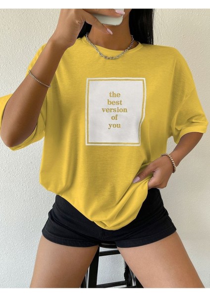 Blacksokak Kadın Sarı The Best Baskılı Oversize Bisiklet Yaka Tshirt