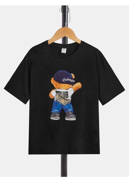 Blacksokak Erkek Çocuk Siyah Ayı Baskılı Oversize Bisiklet Yaka Tshirt