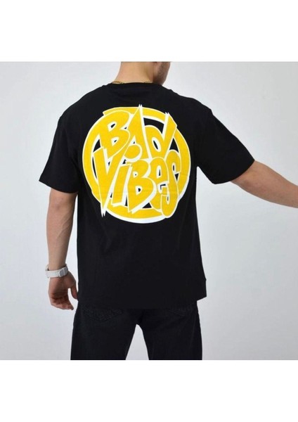Blacksokak Erkek Siyah Bad Vibes Baskılı Oversize Bisiklet Yaka Tshirt
