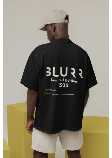 Blacksokak Erkek Siyah Blurr Baskılı Oversize Bisiklet Yaka Tshirt