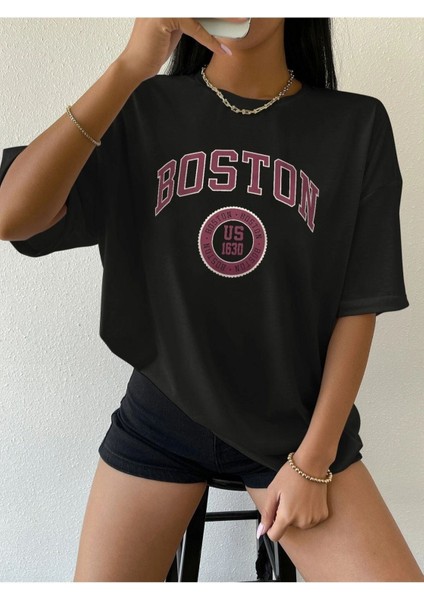 Blacksokak Kadın Siyah Boston Baskılı Oversize Bisiklet Yaka Tshirt