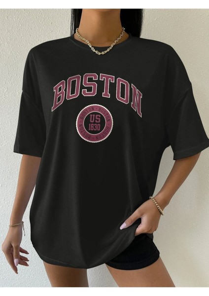 Blacksokak Kadın Siyah Boston Baskılı Oversize Bisiklet Yaka Tshirt modelleri