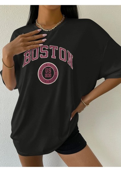 Blacksokak Kadın Siyah Boston Baskılı Oversize Bisiklet Yaka Tshirt fırsatları