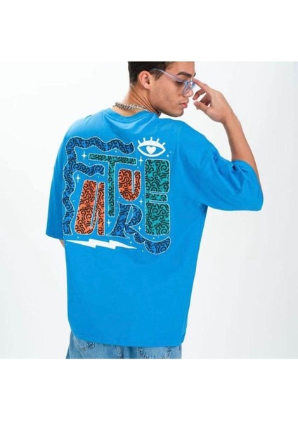 Blacksokak Erkek Mavi Future Baskılı Oversize Bisiklet Yaka Tshirt