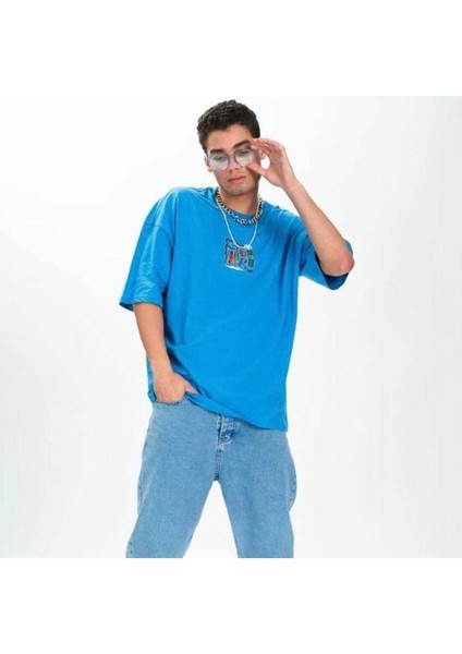 Blacksokak Erkek Mavi Future Baskılı Oversize Bisiklet Yaka Tshirt fiyatları