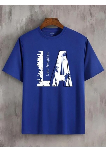 Blacksokak Erkek Mavi La Baskılı Oversize Bisiklet Yaka Tshirt