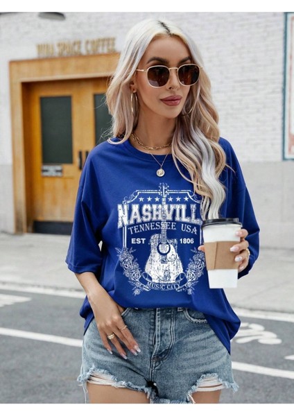 Blacksokak Kadın Mavi Nashvılle Baskılı Oversize Bisiklet Yaka Tişört modelleri