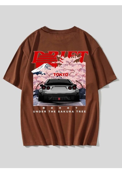 Blacksokak Unisex Kahverengi Drift Tokyo Baskılı Oversize T-Shirt