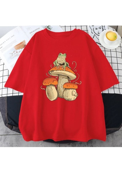 Blacksokak Erkek Kırmızı Mantar Baskılı Oversize Bisiklet Yaka Tshirt