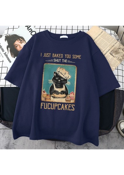 Blacksokak Kadın Lacivert Fucupcakes Baskılı Oversize Bisiklet Yaka Tshirt