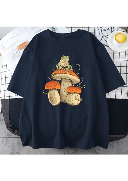 Blacksokak Erkek Lacivert Mantar Baskılı Oversize Bisiklet Yaka Tshirt