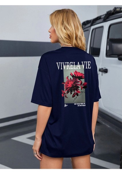 Unisex Lacivert Vivre La Vie Baskılı Oversize Bisiklet Yaka Penye Tişört