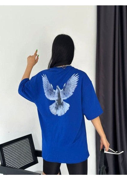 Kadın Mavi Kuş Oversize Bisiklet Yaka Tshirt