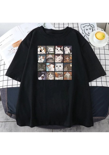 Blacksokak Erkek Lacivert Cat Baskılı Oversize Bisiklet Yaka Tshirt