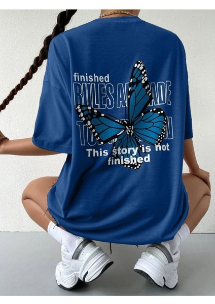 Blacksokak Kadın Mavi Finished Baskılı Oversize Bisiklet Yaka Tshirt