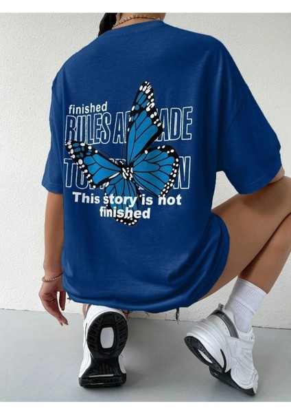 Blacksokak Kadın Mavi Finished Baskılı Oversize Bisiklet Yaka Tshirt