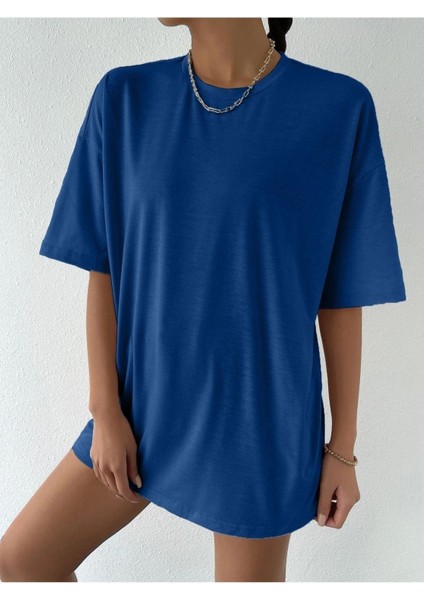 Blacksokak Kadın Mavi Finished Baskılı Oversize Bisiklet Yaka Tshirt
