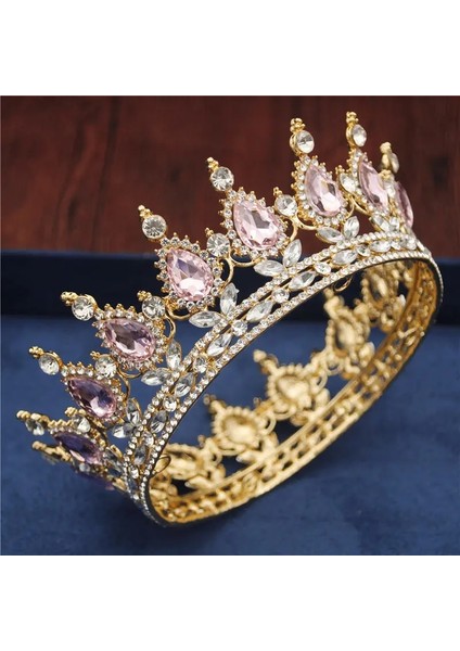 Altın Pembe Kristal Vintage Kraliyet Kraliçe Kral Tiaras ve Taçlar Menwomen Pageant Balo Diadem Saç Süsler Düğün Saç Takı Aksesuarları (Yurt Dışından)
