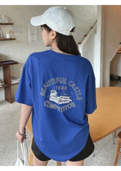 Blacksokak Kadın Mavi Beautıful Baskılı Oversize Bisiklet Yaka Tshirt