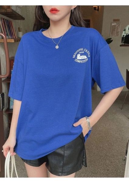 Blacksokak Kadın Mavi Beautıful Baskılı Oversize Bisiklet Yaka Tshirt modelleri