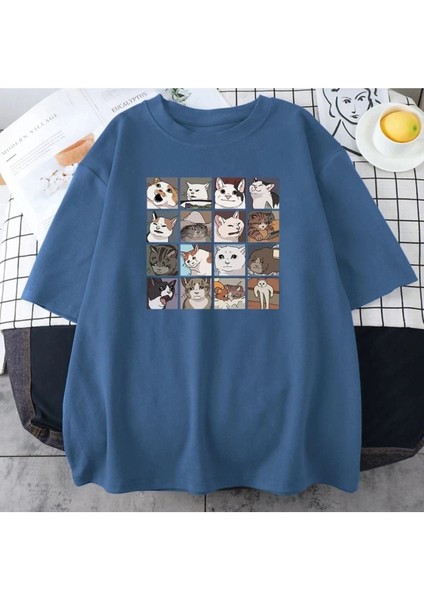 Blacksokak Erkek Mavi Cat Baskılı Oversize Bisiklet Yaka Tshirt