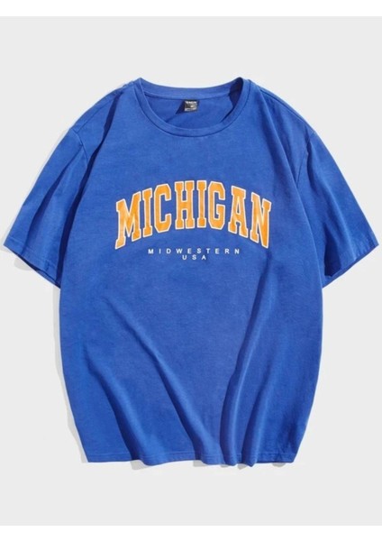 Blacksokak Erkek Mavi Mıchıgan Baskılı Oversize Bisiklet Yaka Tshirt