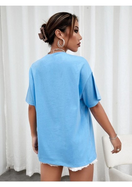 Blacksokak Kadın Mavi Love Never Faıls Baskılı Oversize Bisiklet Yaka Tshirt fiyatları