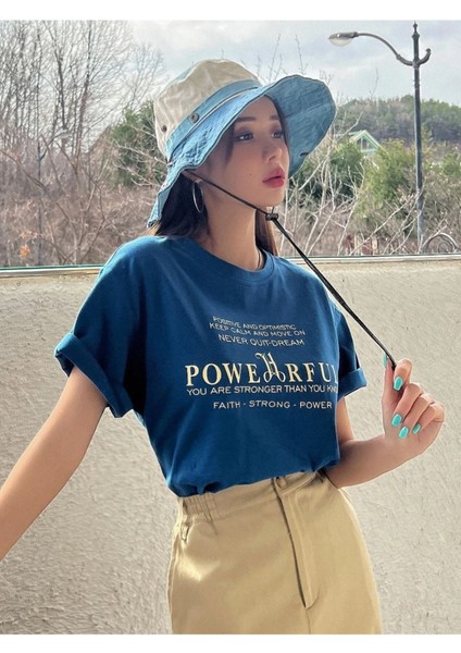 Blacksokak Kadın Mavi Powerfull Baskılı Oversize Bisiklet Yaka Tişört