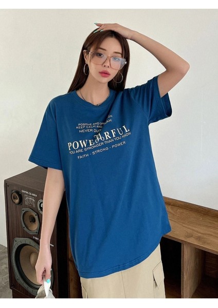 Blacksokak Kadın Mavi Powerfull Baskılı Oversize Bisiklet Yaka Tişört fiyatları