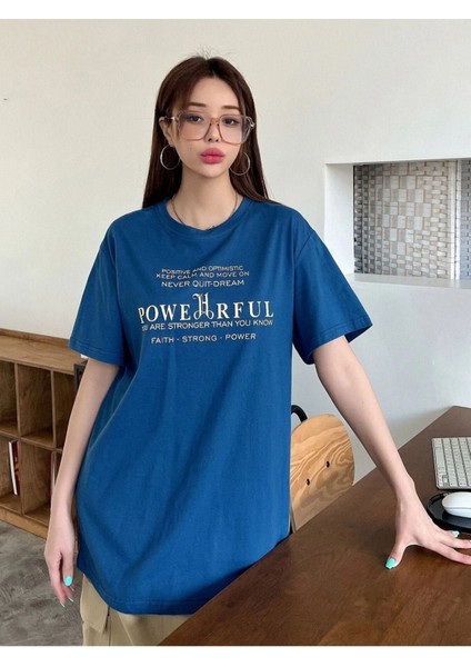 Blacksokak Kadın Mavi Powerfull Baskılı Oversize Bisiklet Yaka Tişört modelleri