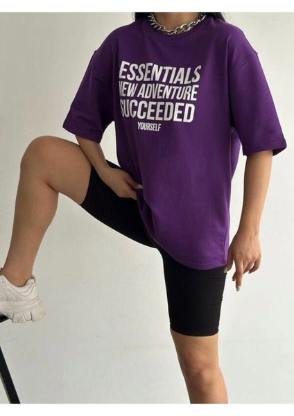 Kadın Mor Essentals Oversize Bisiklet Yaka Tshirt