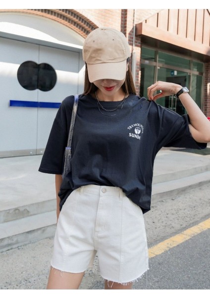 Radjeanss Kadın Lacivert Mountaın Baskılı Bisiklet Yaka Tshirt modelleri