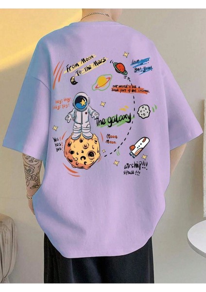 Blacksokak Unisex Lila The Galaxy Gezegen Baskılı Oversize Bisiklet Yaka Tshirt