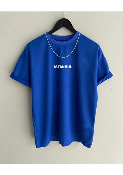 Erkek Mavi Istanbul Baskılı Oversize Bisiklet Yaka Tshirt